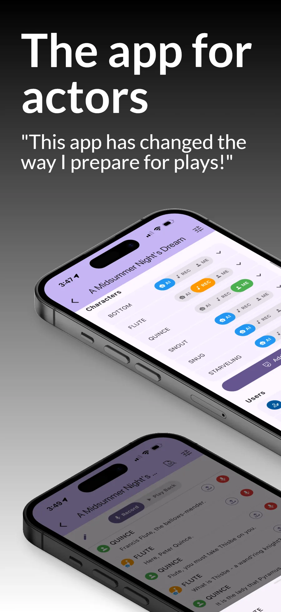 Doing Lines app showing characters list and script recording screens