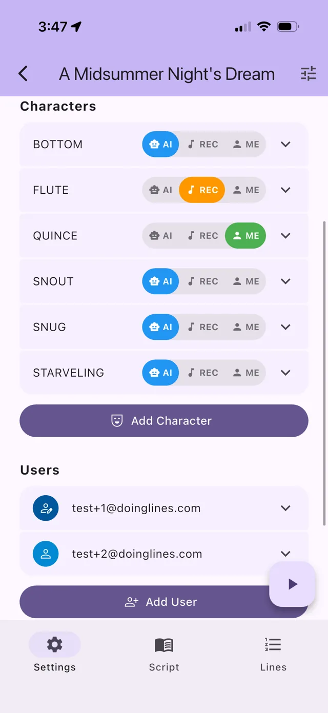 Character selection with AI, REC and ME voice options