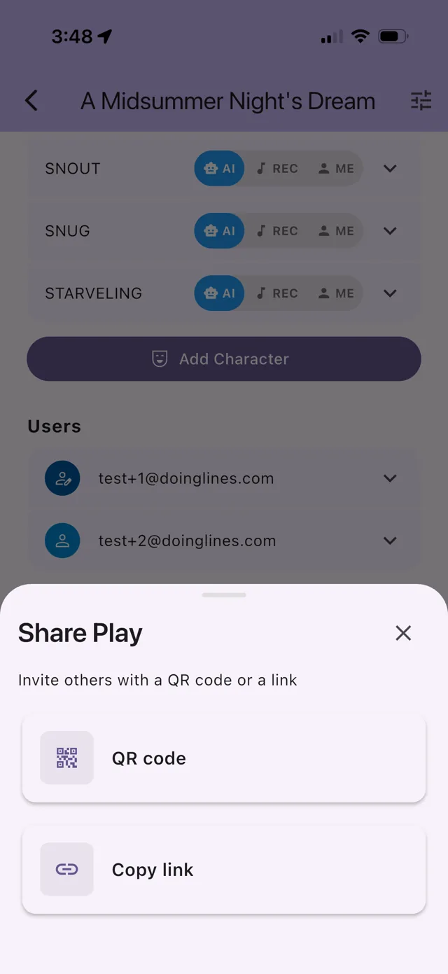 Share Play sheet with QR code and copy link options