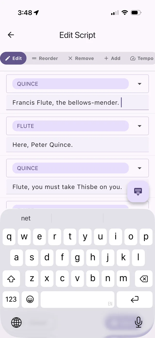 Edit script view showing character and line editing