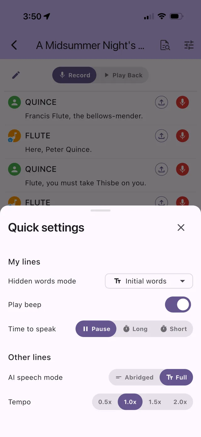 Quick settings panel for hidden words, tempo and AI speech mode